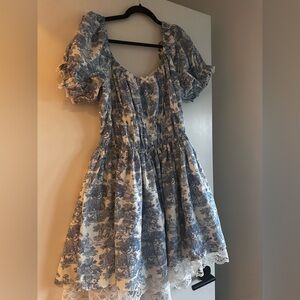Elegant Blue and White Floral Dress